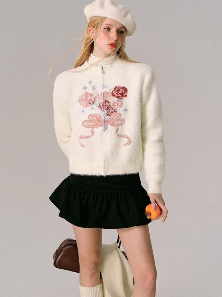 Mink Jacquard Rose Bow Zipper Knit Cardigan