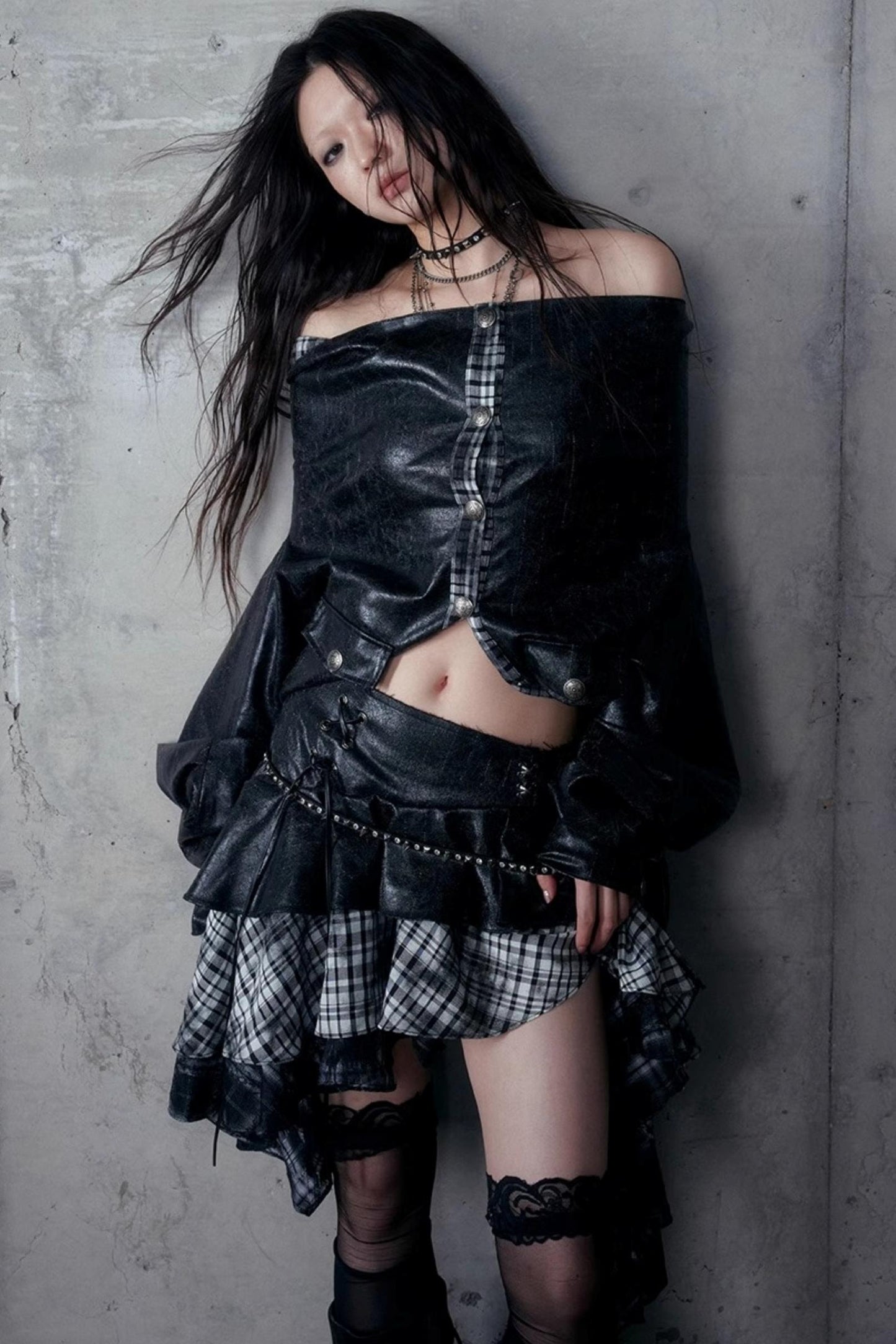 Dark Plaid Leather Top