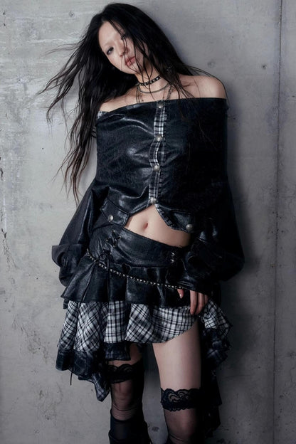 Dark Plaid Leather Top