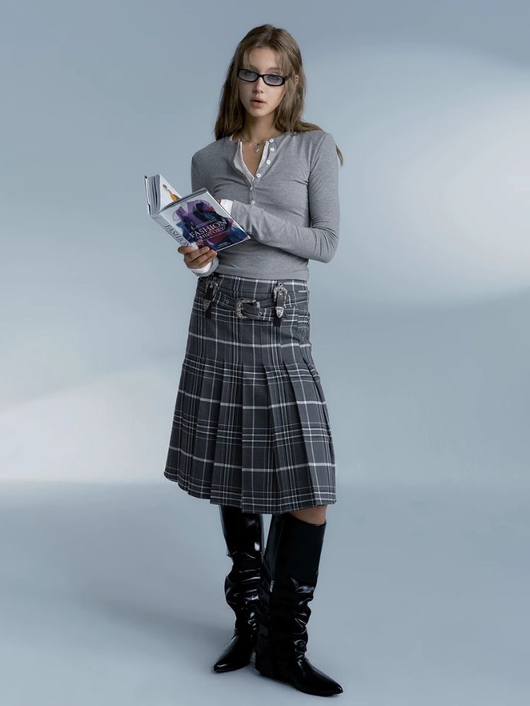 Vintage plaid college style pleated skirt