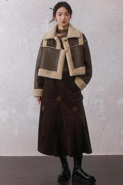 Three-Dimensional Floral Corduroy Skirt