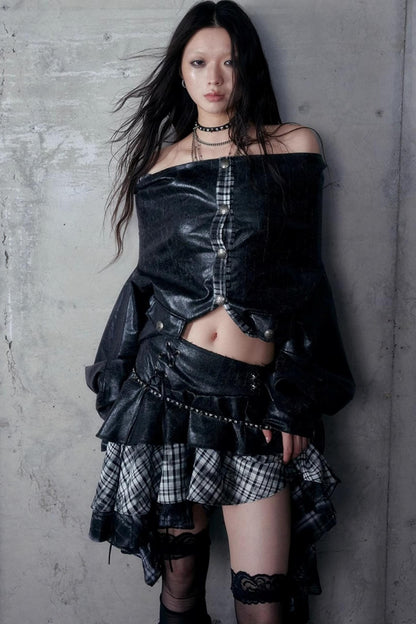 Dark Plaid Leather Top