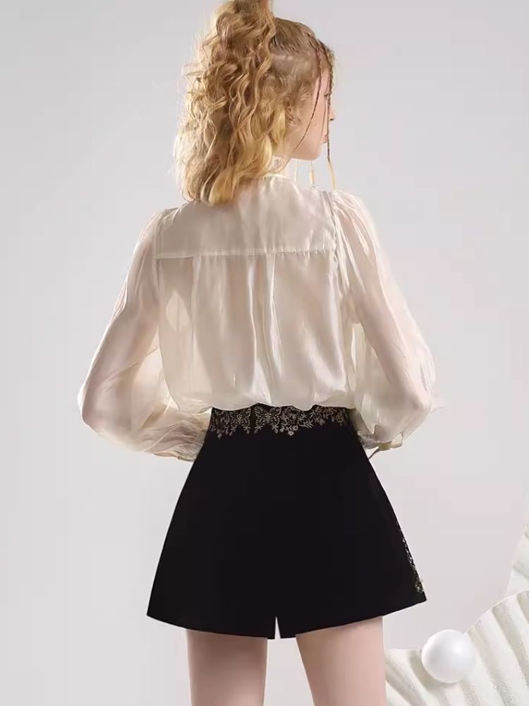 Beaded Standing Collar Shirt Heavy Duty Velvet Shorts