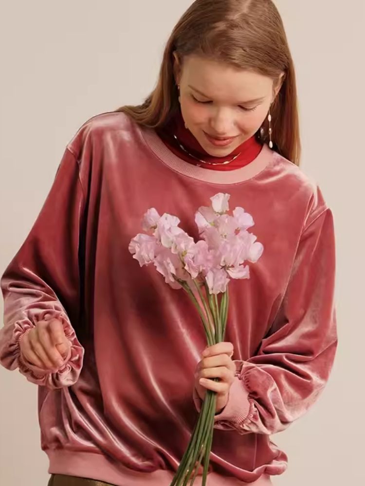 Bow Embroidery Velvet Loose Sweatshirt