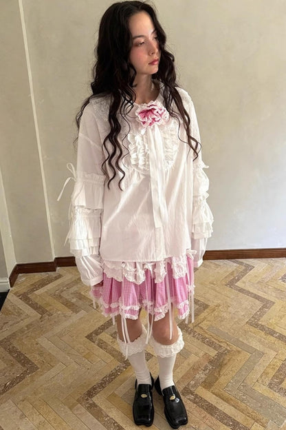 Pink-White Plaid Lace Shirt