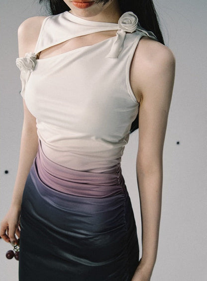 Waist drawn-in flat shoulder sleeveless gradient dress