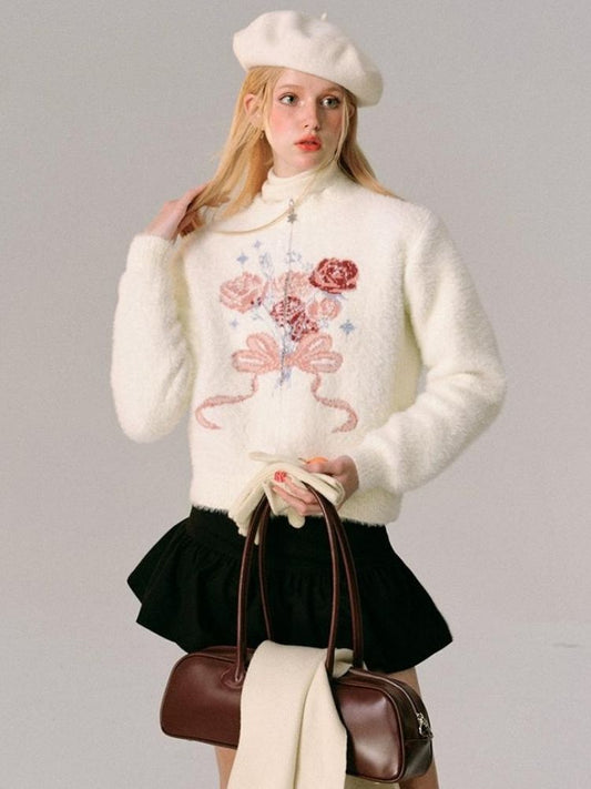 Mink Jacquard Rose Bow Zipper Knit Cardigan