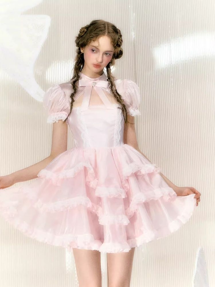 Rhinestone Bow Short Sleeve Lace Princess Dress