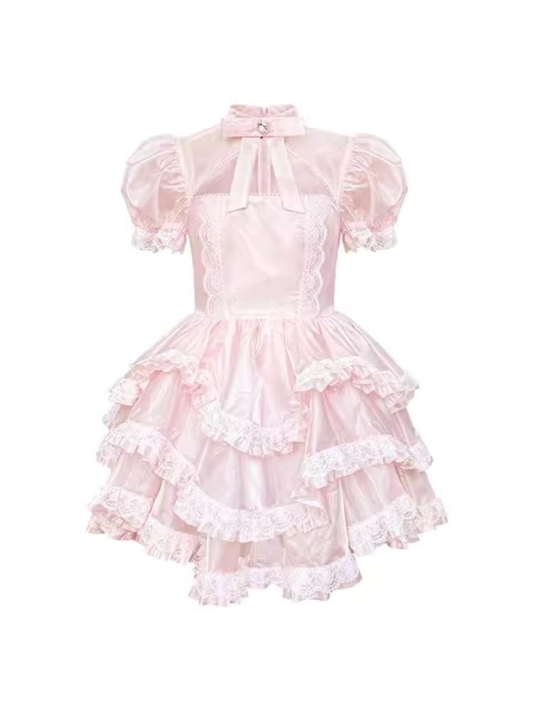 Rhinestone Bow Short Sleeve Lace Princess Dress