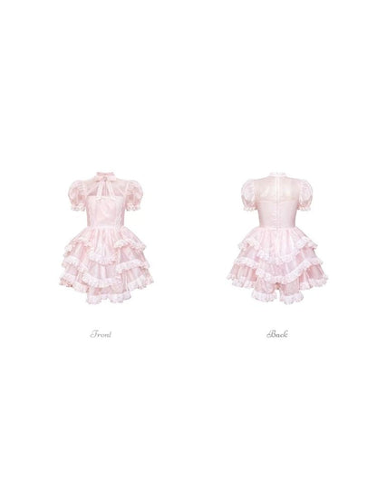 Rhinestone Bow Short Sleeve Lace Princess Dress