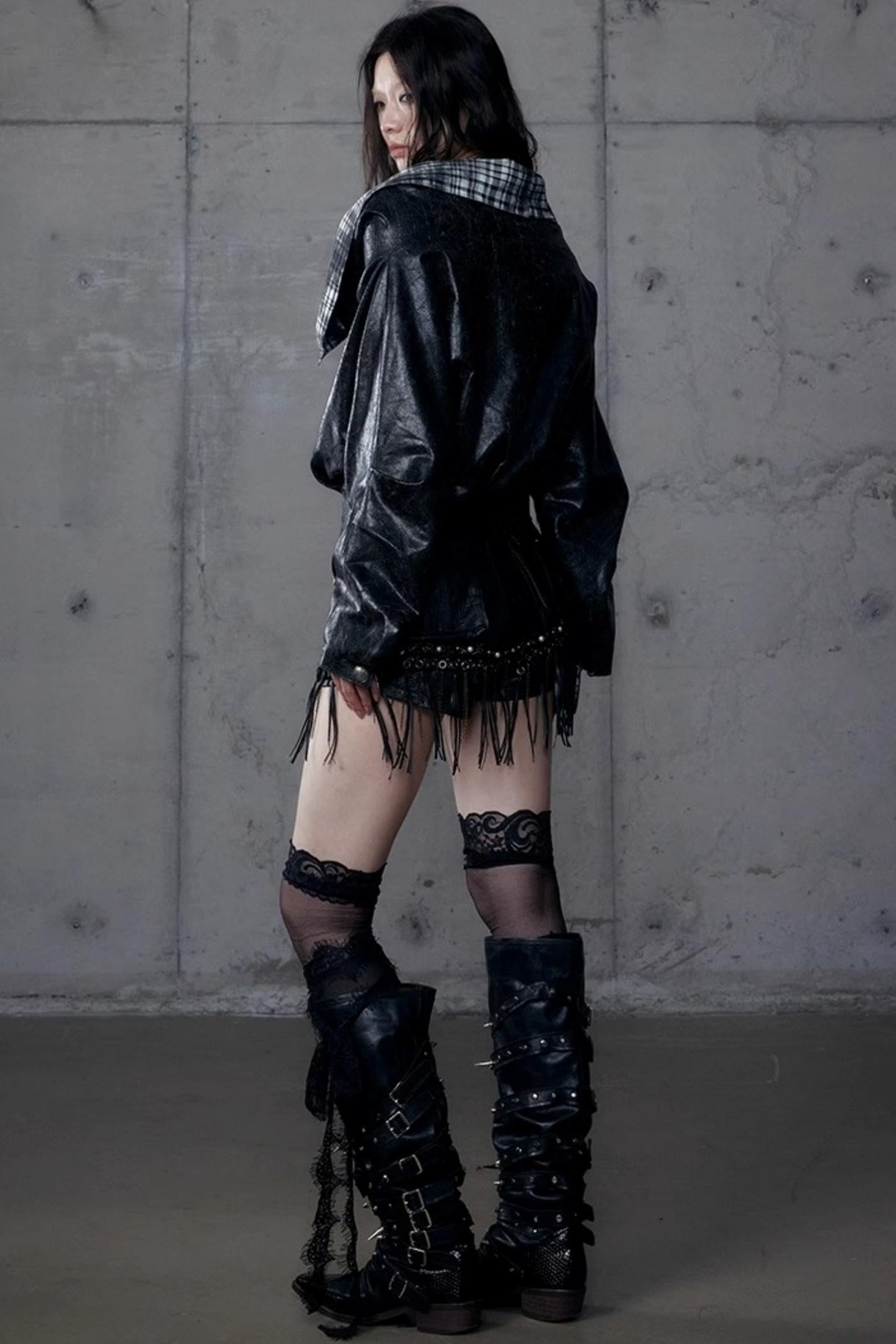 Dark Plaid Leather Top