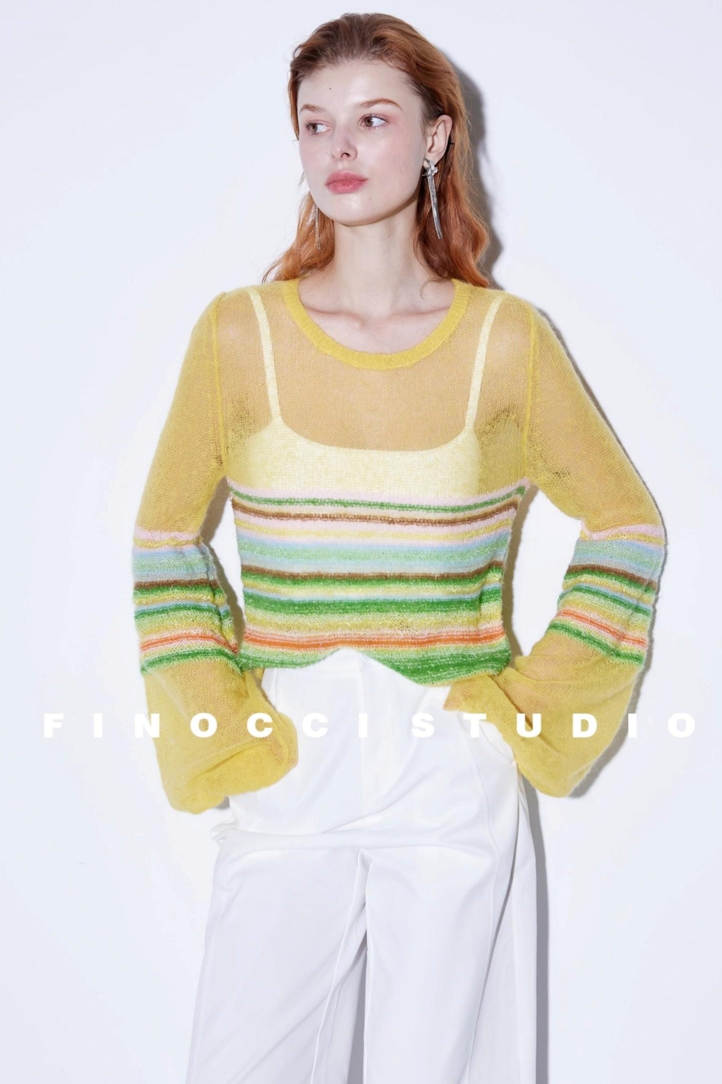 Mohair Silky Wool Rainbow Lantern Sleeve Sweater