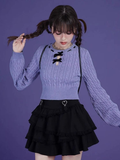 Blue-purple bow twist short sweater