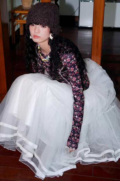 Autumn Mesh Puffy Long Skirt