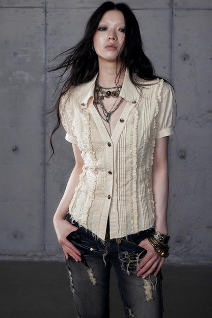 Vintage Lace V-Neck Bubble Sleeve Shirt