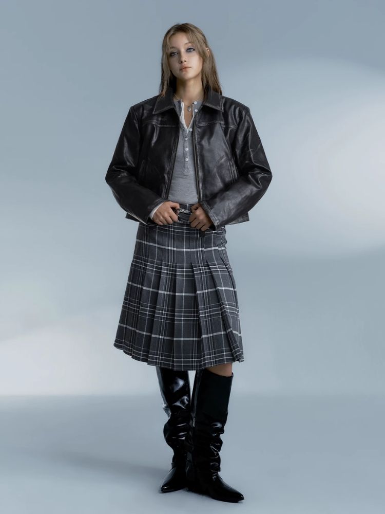 Vintage plaid college style pleated skirt