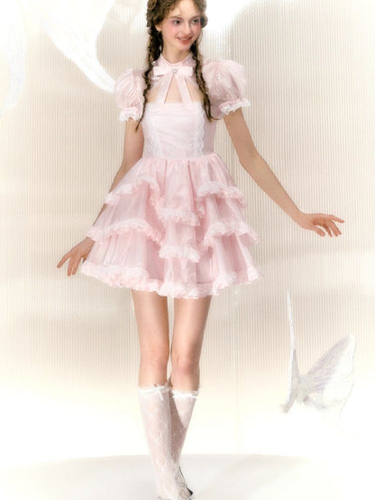 Rhinestone Bow Short Sleeve Lace Princess Dress