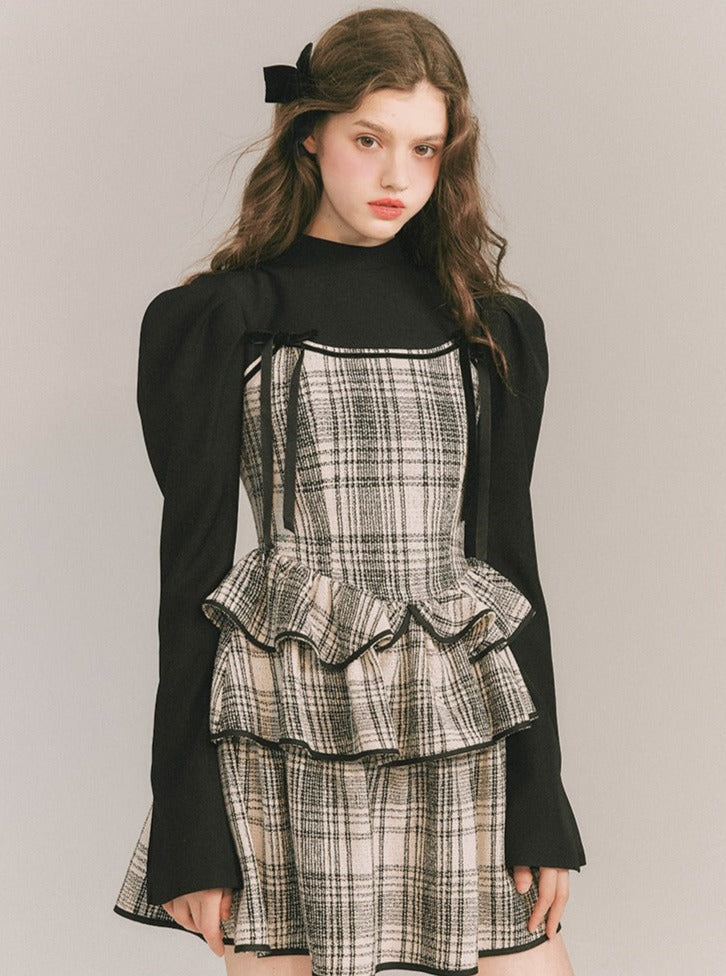 Plaid Cake Skirt Fake Two-piece Dress