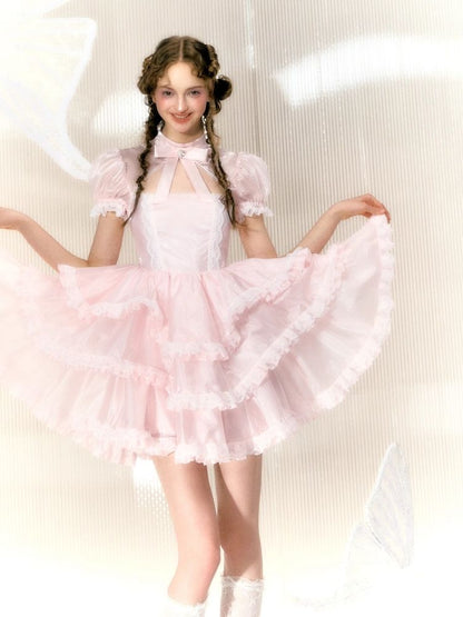 Rhinestone Bow Short Sleeve Lace Princess Dress