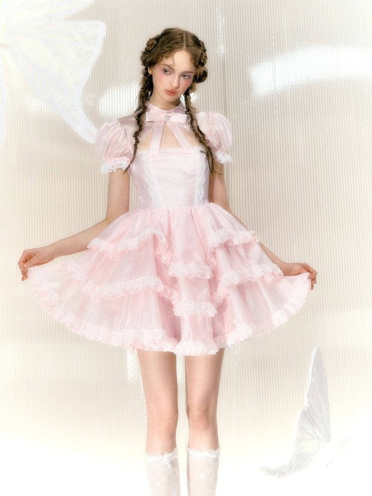 Rhinestone Bow Short Sleeve Lace Princess Dress