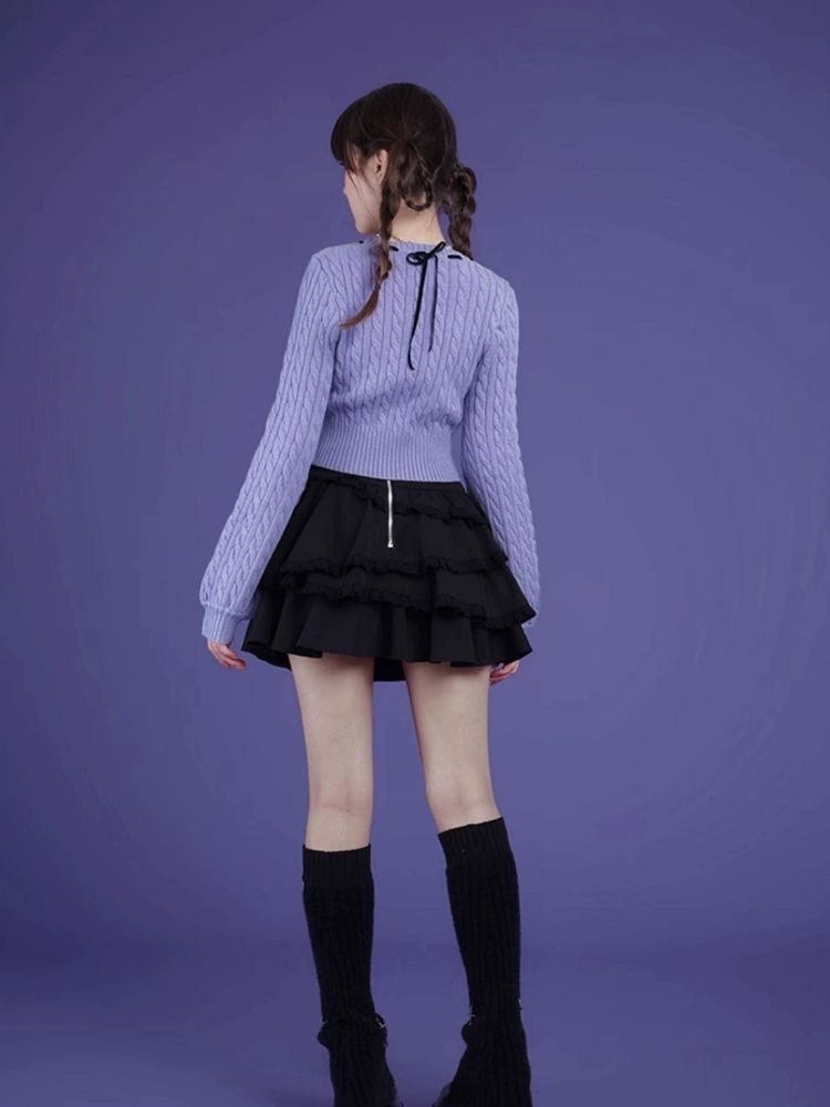 Blue-purple bow twist short sweater