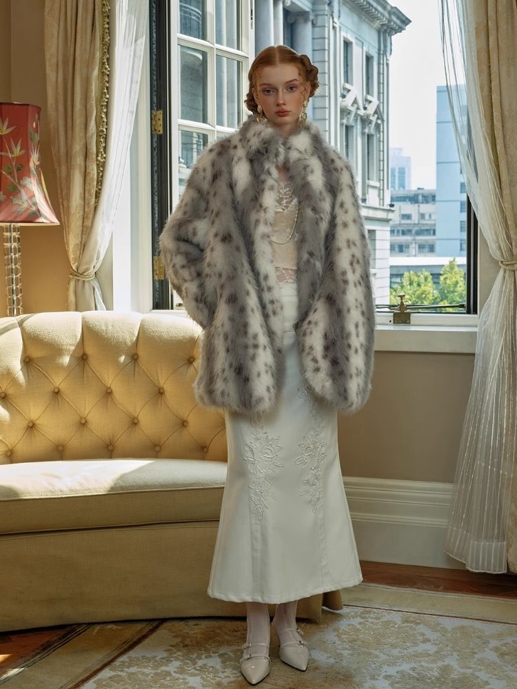 Polka Dot Bobcat Print Long Fur Mid-Length Coat