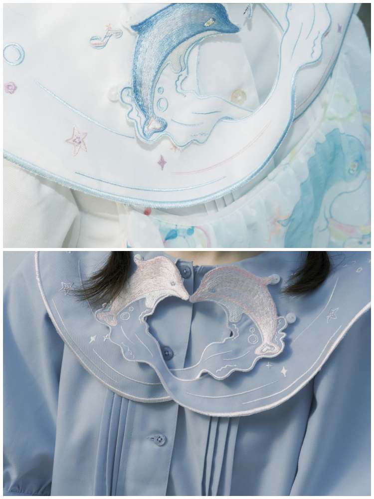 Dolphin Embroidery Collar Short Sleeve Shirt