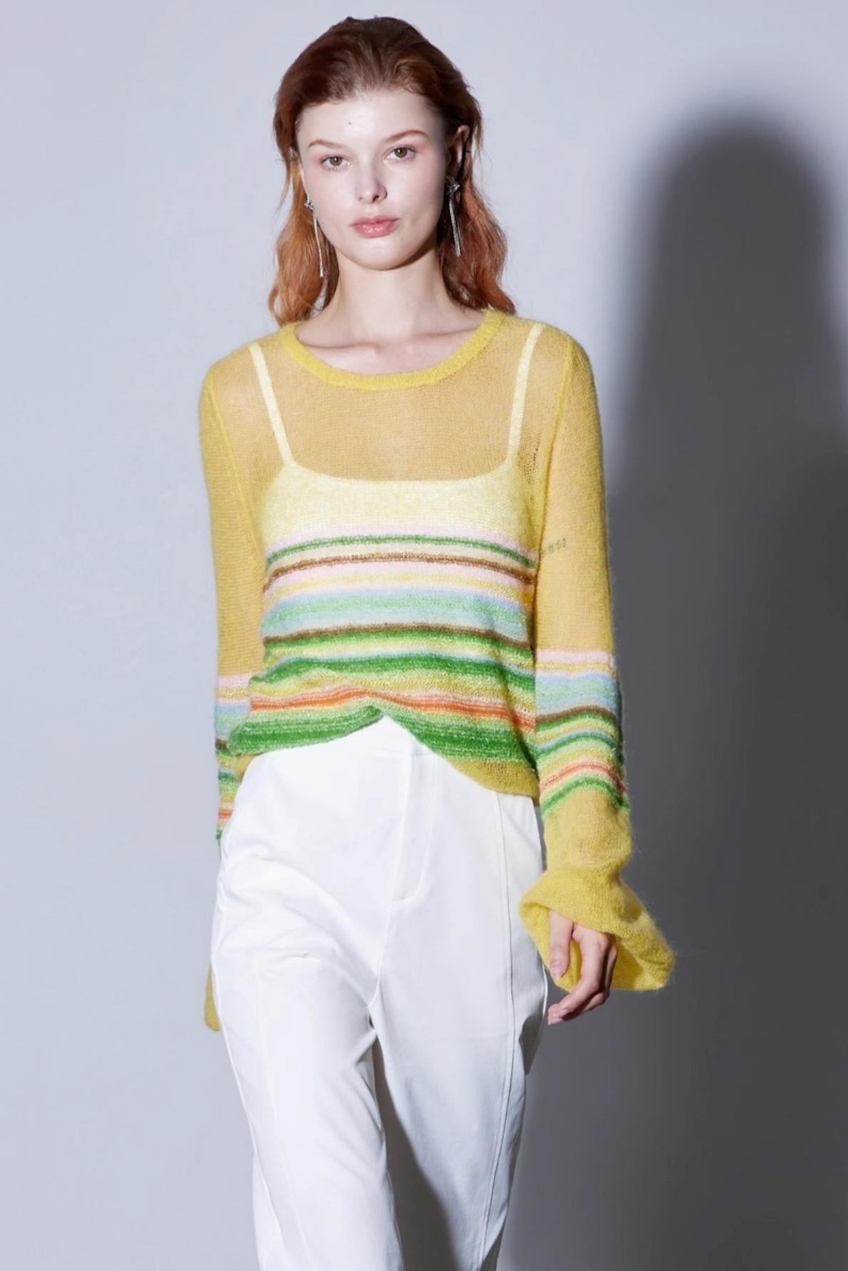 Mohair Silky Wool Rainbow Lantern Sleeve Sweater