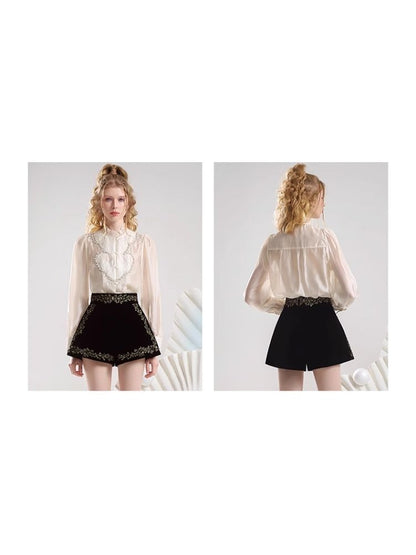 Beaded Standing Collar Shirt Heavy Duty Velvet Shorts