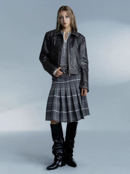 Vintage plaid college style pleated skirt