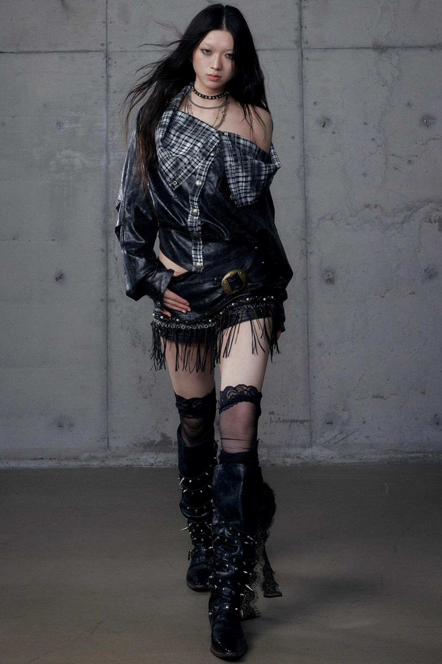 Dark Plaid Leather Top