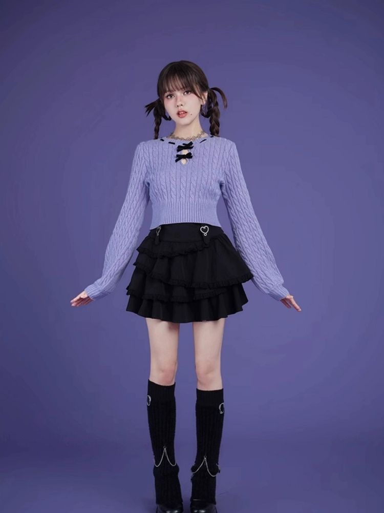 Blue-purple bow twist short sweater