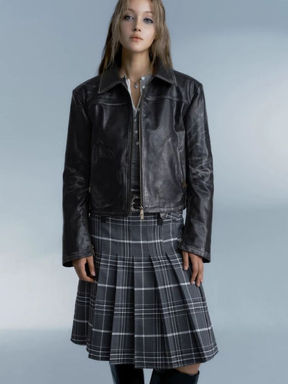 Vintage plaid college style pleated skirt