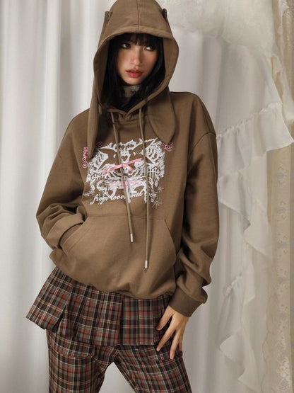 Rabbit Ears Hooded Printed Sweatshirt