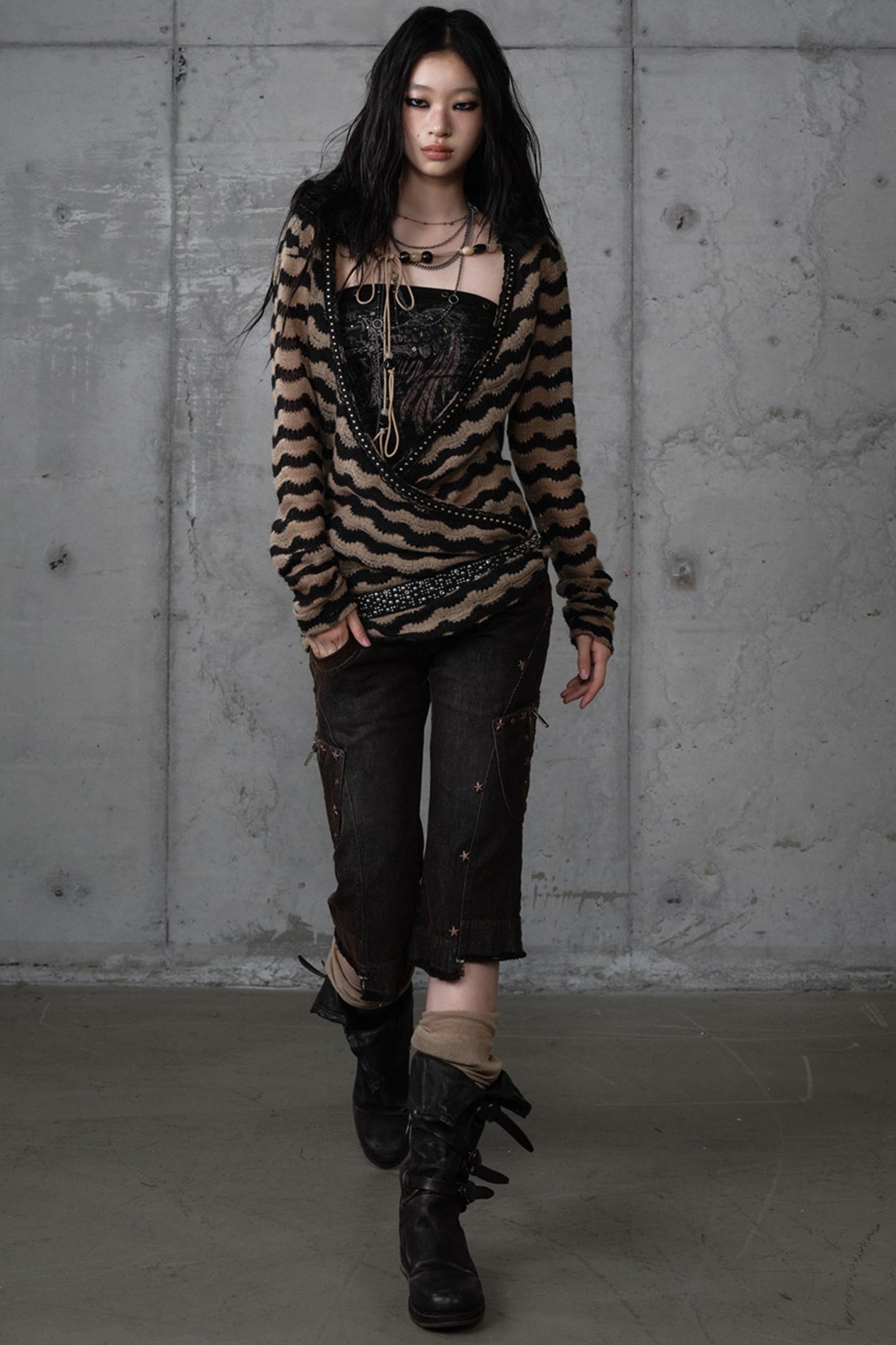 Bandeau Fake Two-Piece Striped Knit Top Set