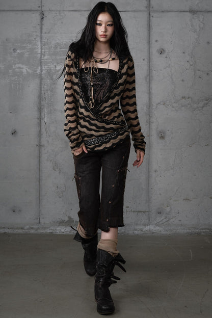 Bandeau Fake Two-Piece Striped Knit Top Set