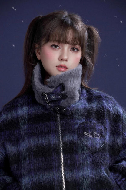 High-Neck Plaid Woolen Coat