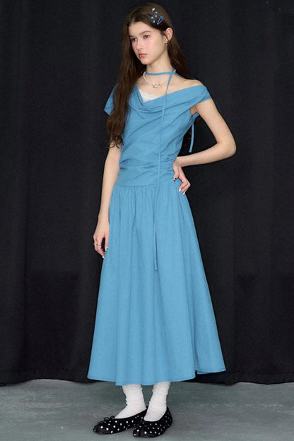Blaues langes Kleid mit Swing-Kragen