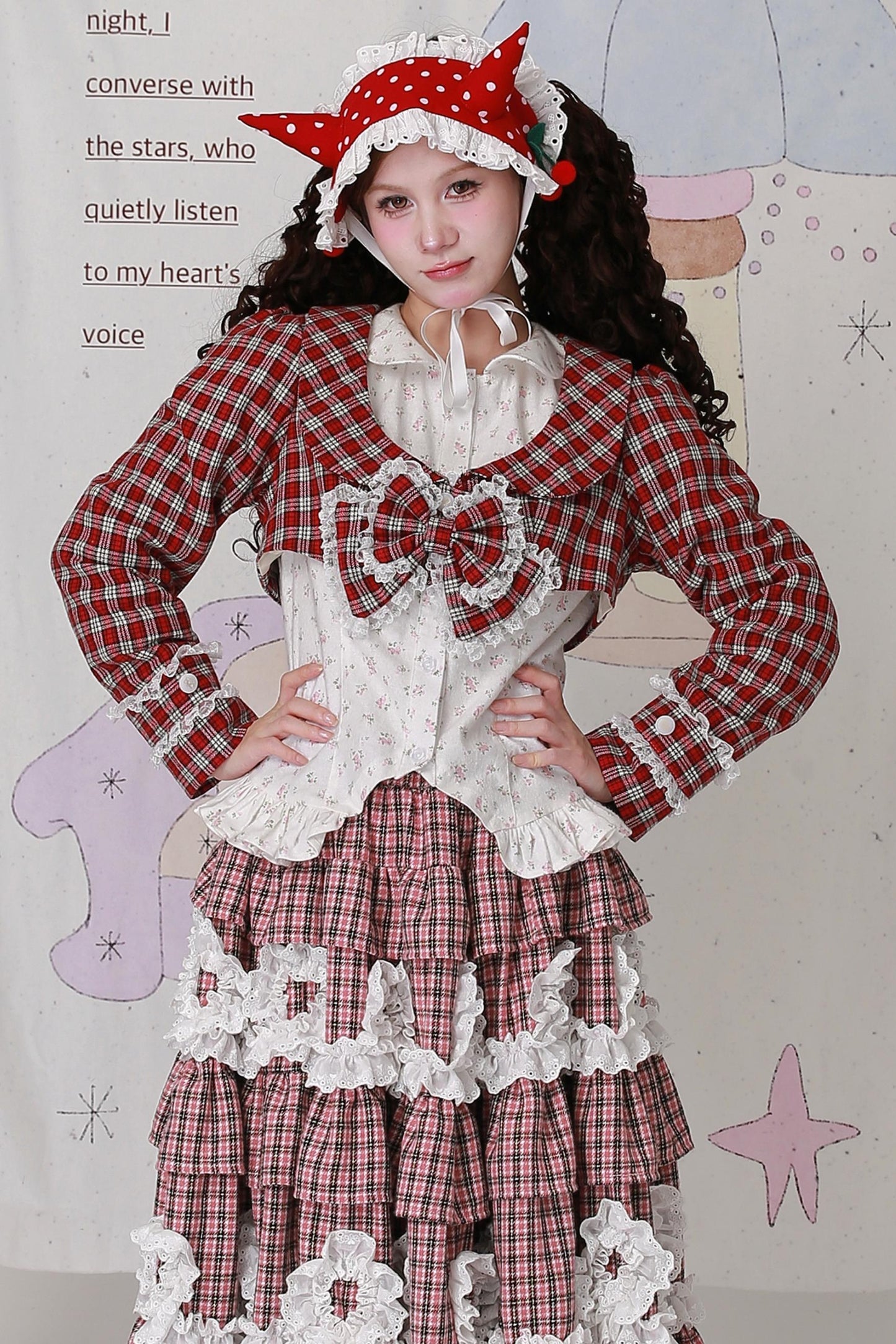 Christmas Red Checkered Bow Short Jacket