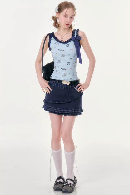 Dark Blue Plaid Pleated Skirt