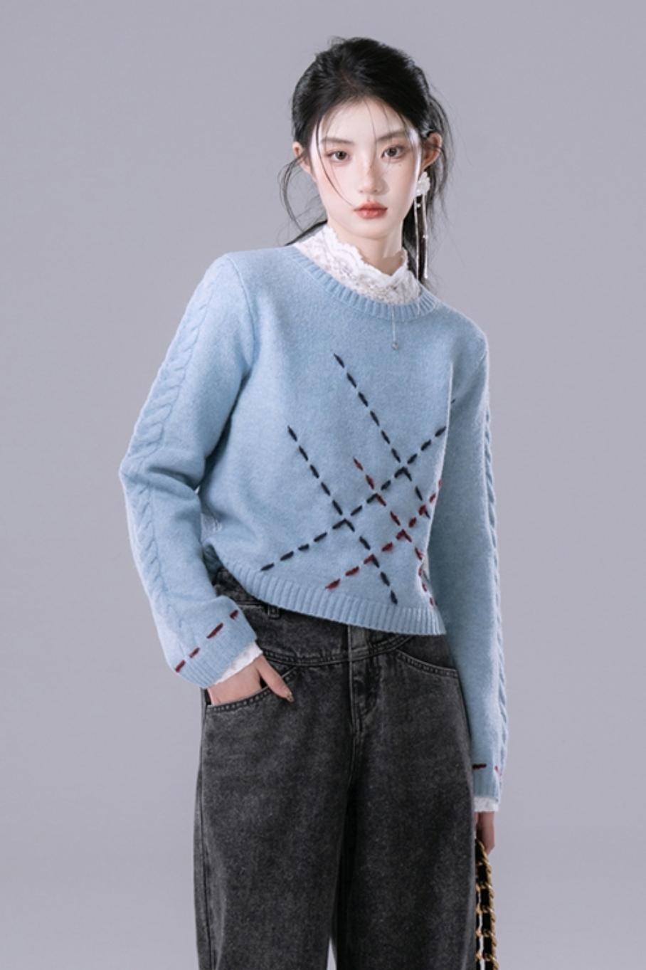 Sky Blue Contrasting Hand-Stitched Jumper Top