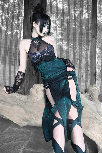 Gothic Mesh Slit Cheongsam Dress Set-Up