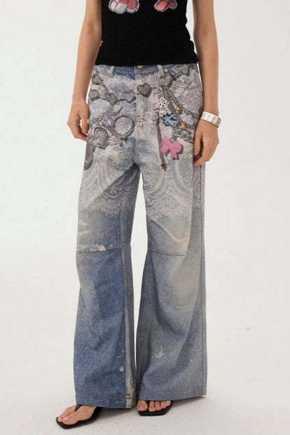 Blue Chain Detail Wide-Leg Straight Denim Pants