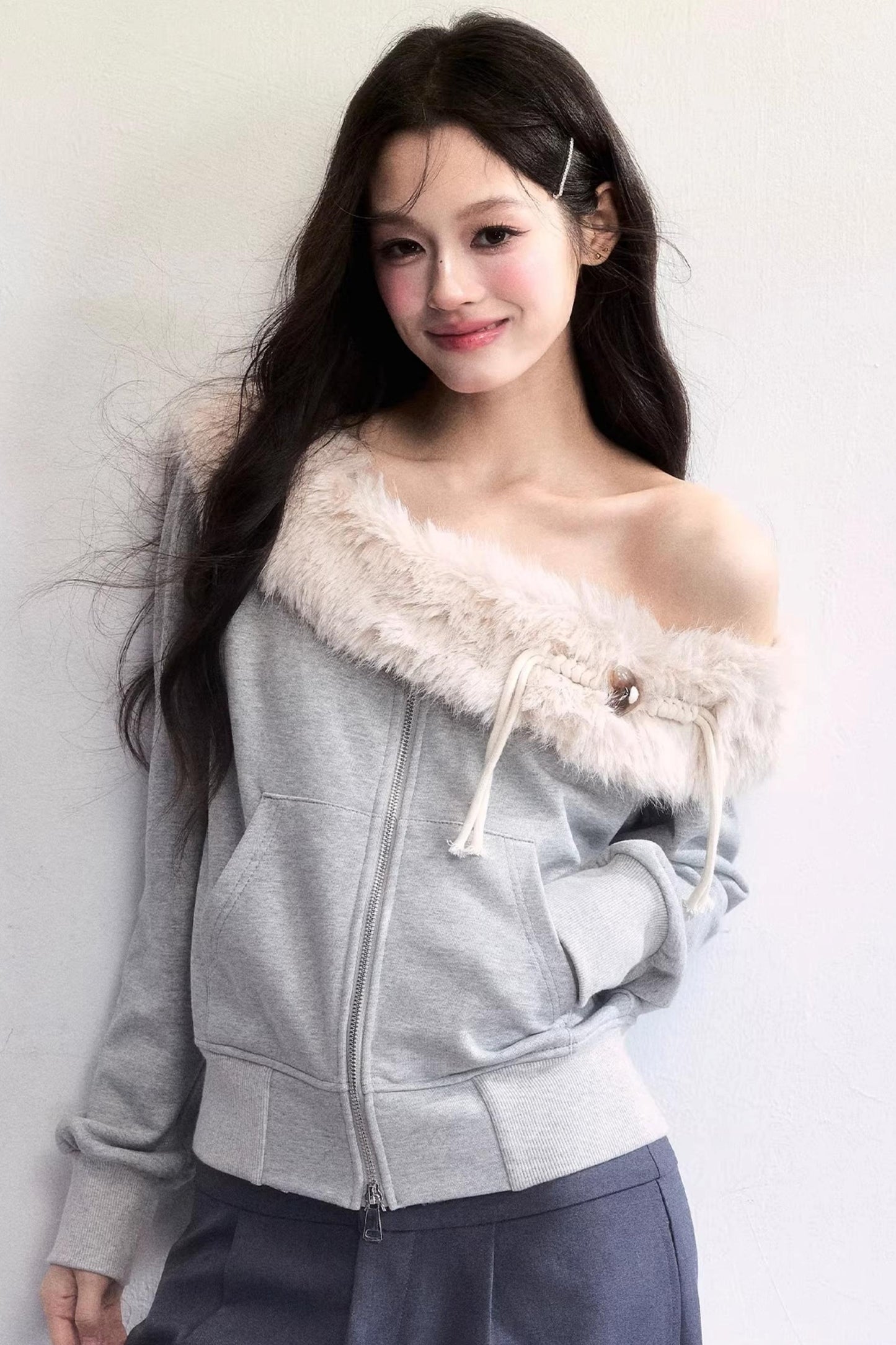 Mist Gray Off-Shoulder Fur Jacket