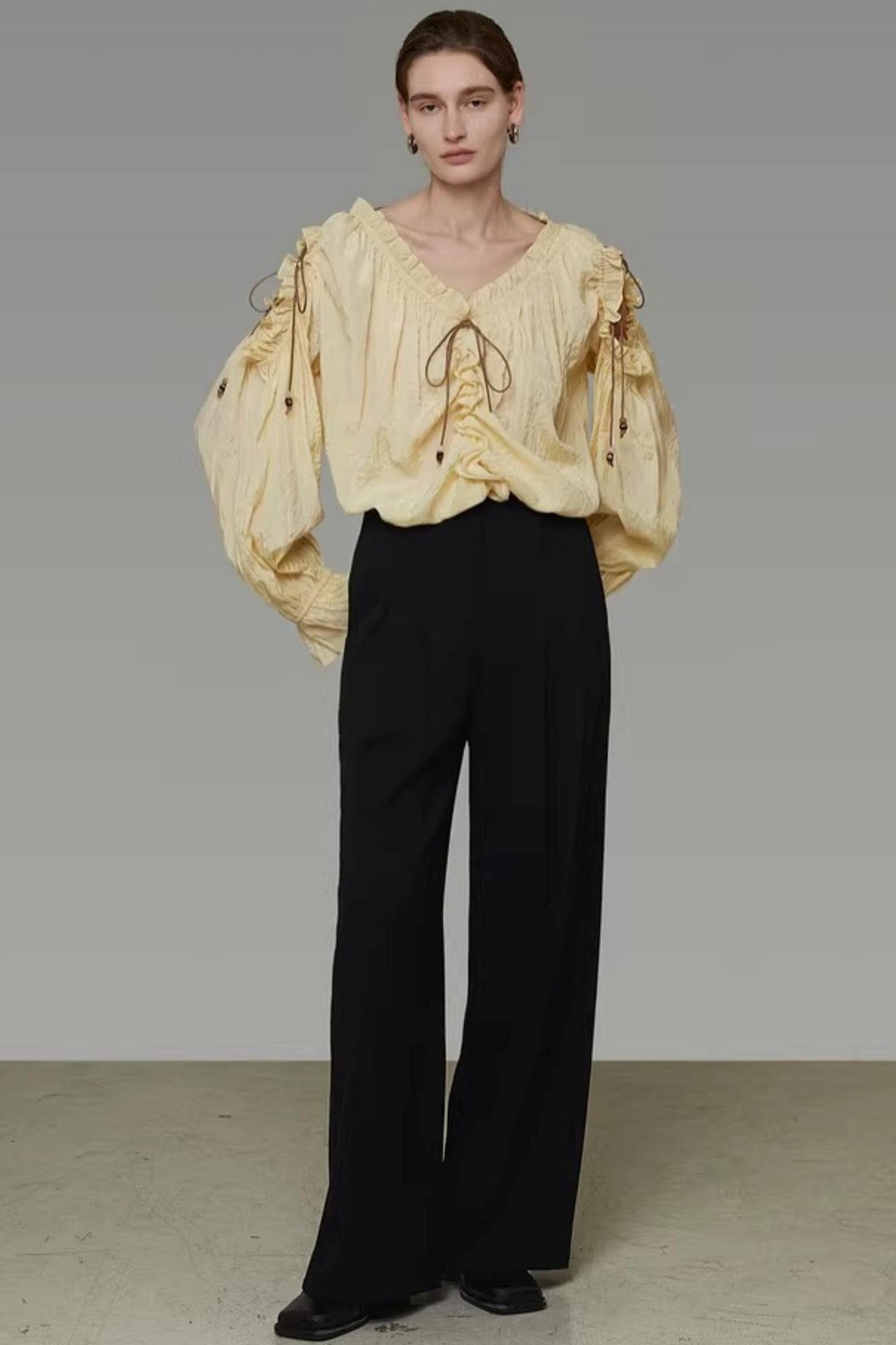 Drawstring Bead V-Neck Shirt