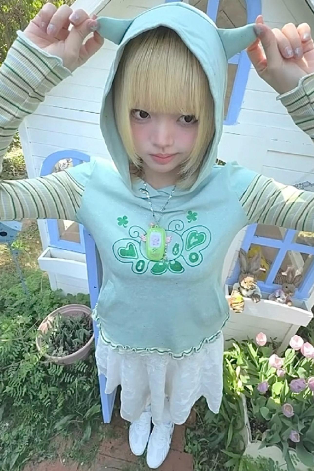 Green Devil Horns Hoodie Top