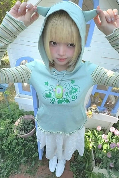 Green Devil Horns Hoodie Top