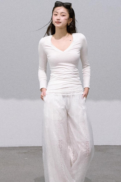 Shimmer Cotton Wide-Leg Pants