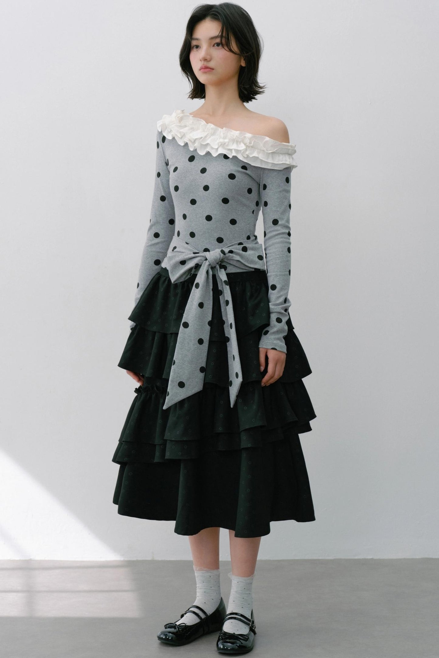 Slanted Polka Dot Long-Sleeved T-Shirt