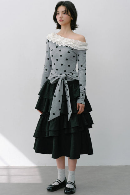 Slanted Polka Dot Long-Sleeved T-Shirt
